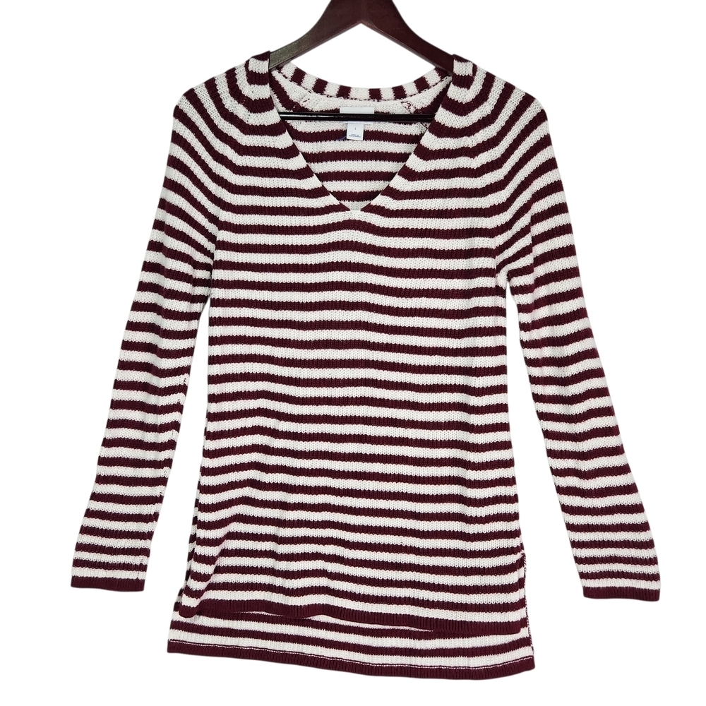 Old Navy Women's Striped V-Neck Sweater Burgundy Red White Large Holiday Xmas
